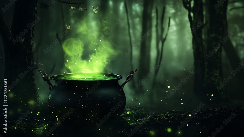 Mysterious fantasy forest scene with glowing green cauldron emitting magical smoke, dark atmospheric woodland photography with ethereal light effects and enchanted ambiance Mysterious fantasy forest scene with glowing green cauldron emitting magical smoke, dark atmospheric woodland photography with ethereal light effects and enchanted ambiance