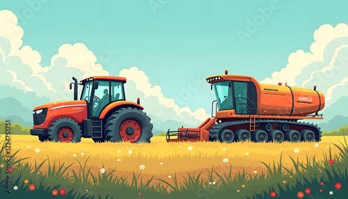 Orange Farm Tractor and Harvester in Golden Field photo