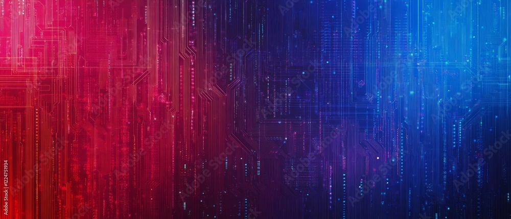 Circuit board gradient background image. Red, blue and purple colors