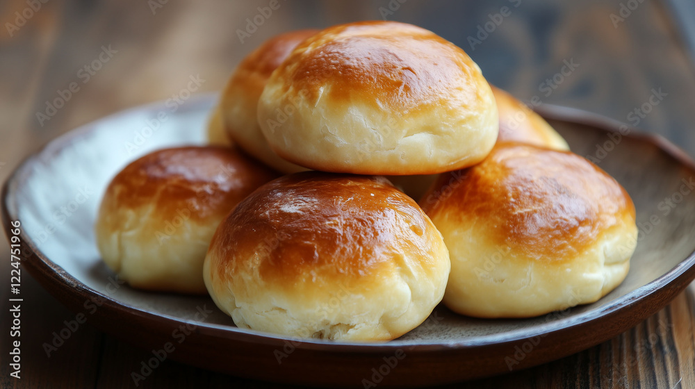 Fresh baked wheat round bun bread in plate Fresh baked wheat round bun bread in plate