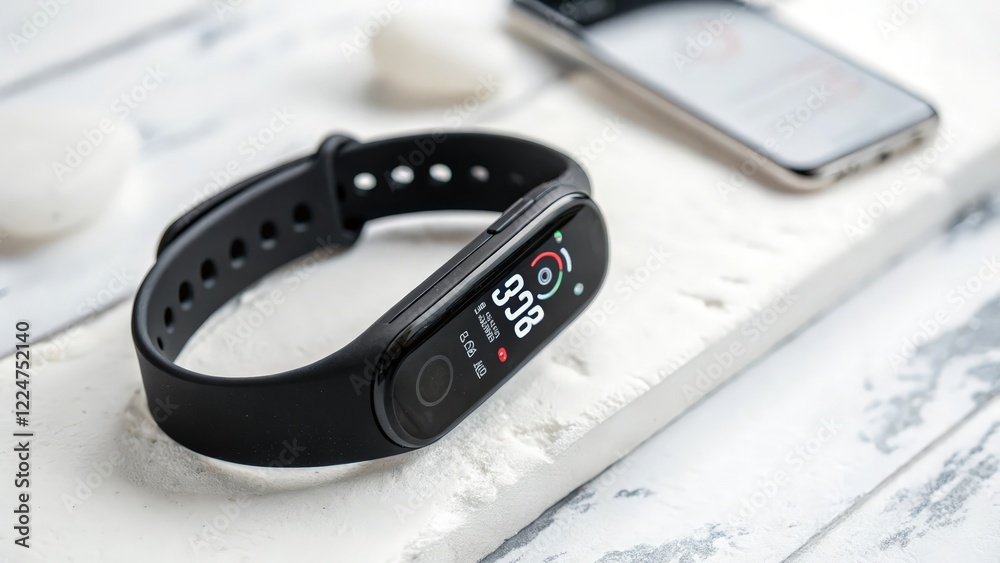 Black Fitness Tracker on White Wooden Surface Black Fitness Tracker on White Wooden Surface