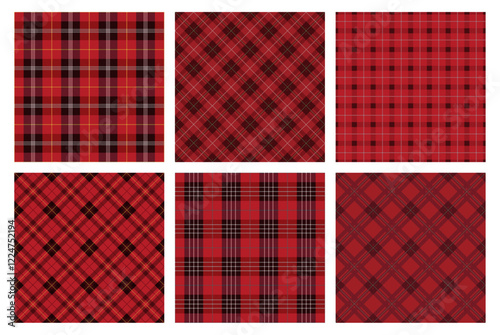 Horizontally And Vertically Repeatable Seamless Red Tartan Plaid Set. Vector Illustration. 