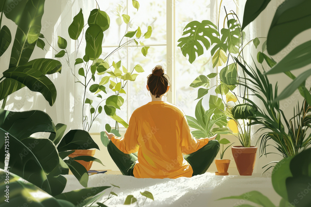A woman sitting cross-legged in a sunlit room filled with indoor plants, meditating. A woman sitting cross-legged in a sunlit room filled with indoor plants, meditating.