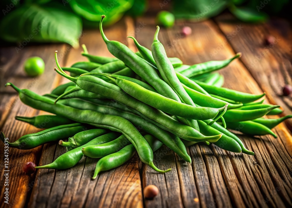 Macro Photography: Vibrant Green Beans on Rustic Wooden Table Macro Photography: Vibrant Green Beans on Rustic Wooden Table