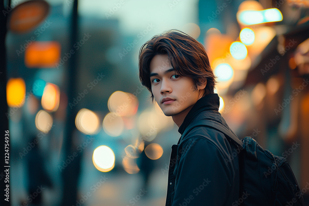 An asian handsome young man with shoulder-length hair, standing on the street at dusk, looking sideways at the camera An asian handsome young man with shoulder-length hair, standing on the street at dusk, looking sideways at the camera