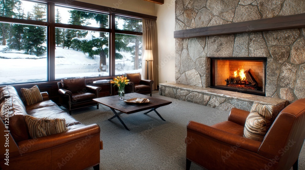 Fototapeta premium Cozy Lodge Living Room with Fireplace