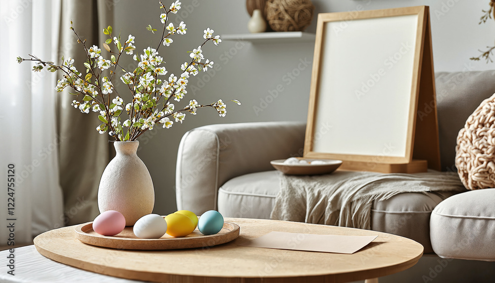 Obraz premium Cozy living room with Easter decorations. Easter postcard in Scandinavian living room. Minimalist living room with Easter symbols. Copy space
