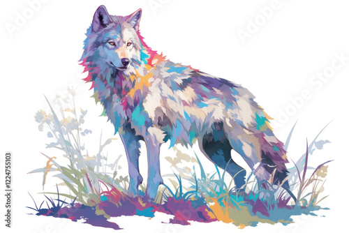 A colorful illustration of a wolf on transparent background, vector art style. photo