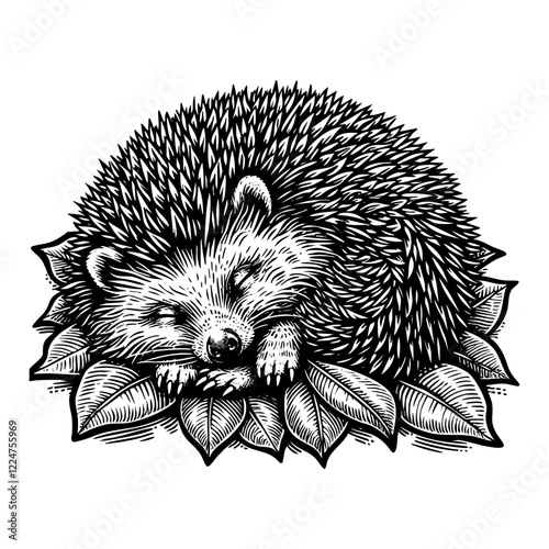 Hedgehog  engraving black and white outline. Scratch board imitation.
