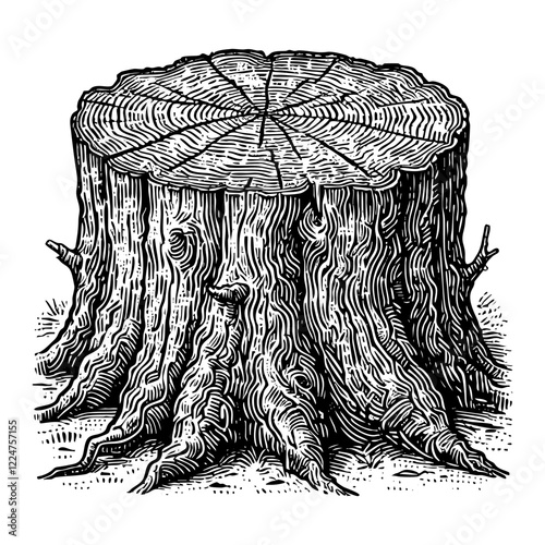 Tree stump engraving black and white outline. Scratch board imitation.  illustrated in vintage line art style on a white background.
