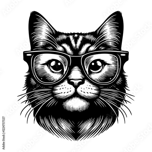 Cat wear eyeglasses engraving black and white outline. Scratch board imitation.  illustrated in vintage line art style on a white background.