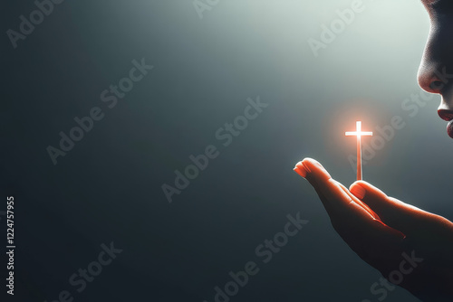 Hopeful Hands Holding Glowing Cross - A person's hands gently cradle a small, glowing cross, symbolizing faith, hope, and prayer.  The dark background emphasizes the light. photo