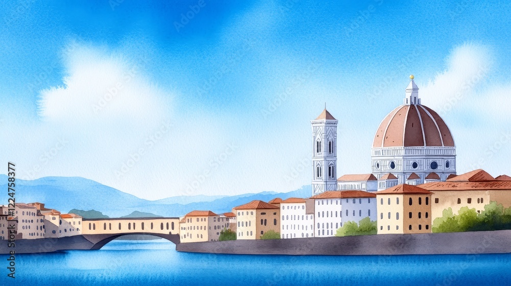 Obraz premium Italian Cityscape with Dome and Bridge - Watercolor painting of a charming Italian city, featuring a magnificent dome, bridge, and picturesque buildings under a bright blue sky.