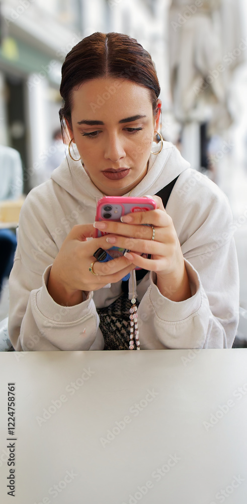 Young woman using smartphone and holding electronic cigarette at outdoor cafe