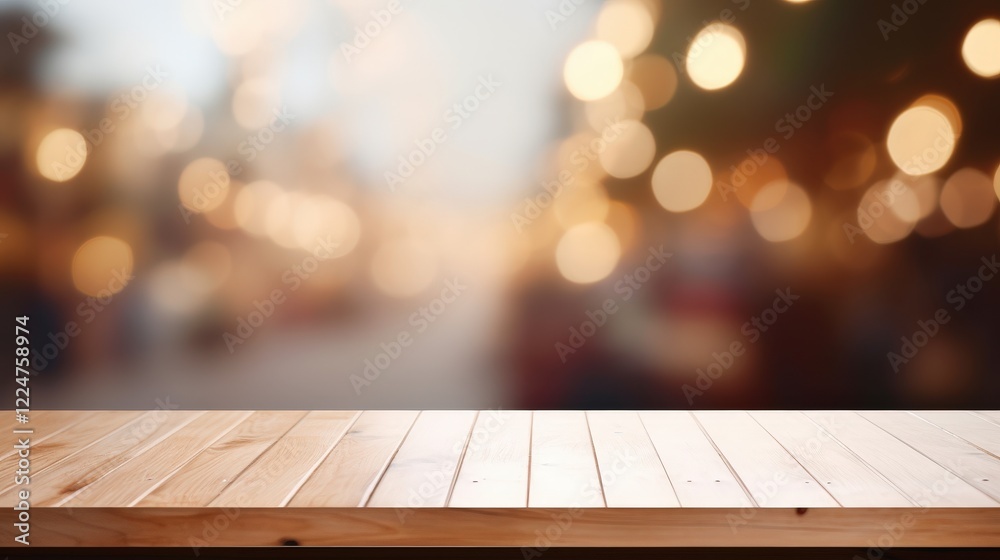 Beautiful Blurred Background with Warm Bokeh Lights Featuring a Wooden Table Top for Display or Presentation Beautiful Blurred Background with Warm Bokeh Lights Featuring a Wooden Table Top for Display or Presentation