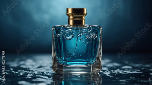 Wallpaper Mural Elegant Glass Perfume Bottle with Intricate Engravings Resting on a Bluish Water Splash perfume commercial advertisement display Torontodigital.ca