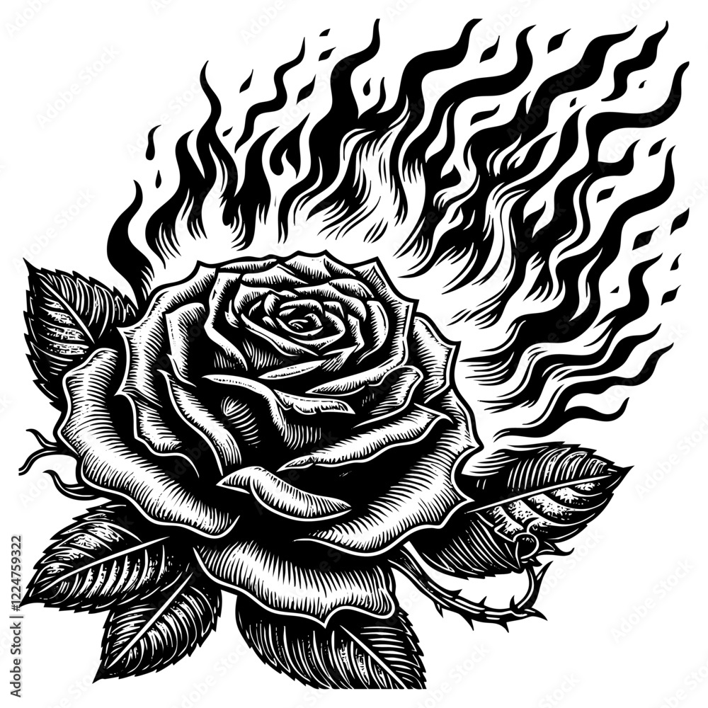 Burning rose flower engraving black and white outline. Scratch board imitation. illustrated in vintage line art style on a white background.
Burning rose flower engraving black and white outline. Scratch board imitation. illustrated in vintage line art style on a white background.