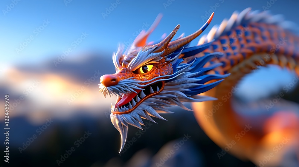 Majestic Chinese Dragon In Sunrise Landscape Majestic Chinese Dragon In Sunrise Landscape