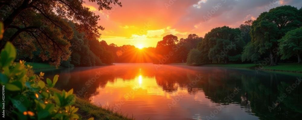 Obraz premium Sun rises over a tranquil lake in Cuernavaca's botanical garden, sunrise, gardens