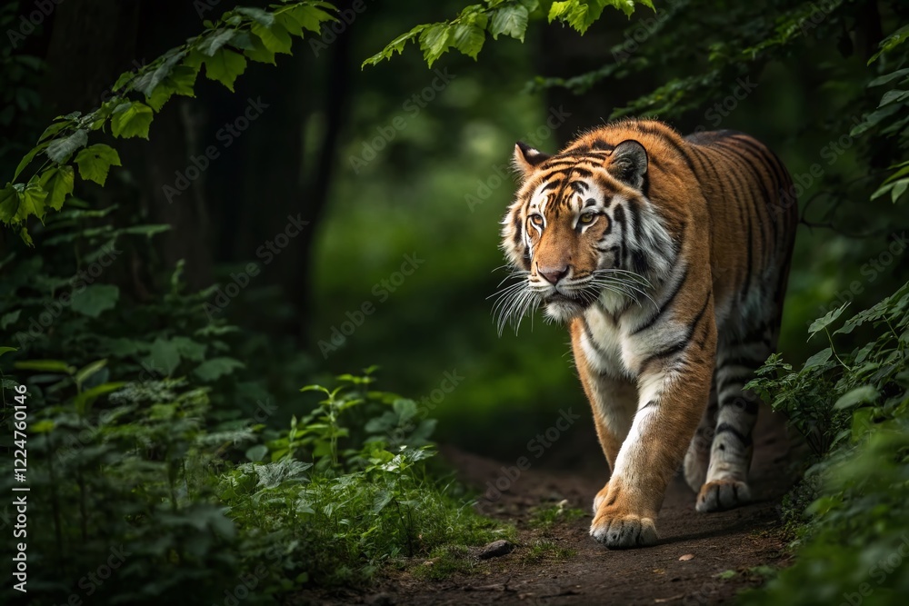 Majestic Amur Tiger Walking in Lush Green Forest - Long Exposure Wildlife Photography Majestic Amur Tiger Walking in Lush Green Forest - Long Exposure Wildlife Photography