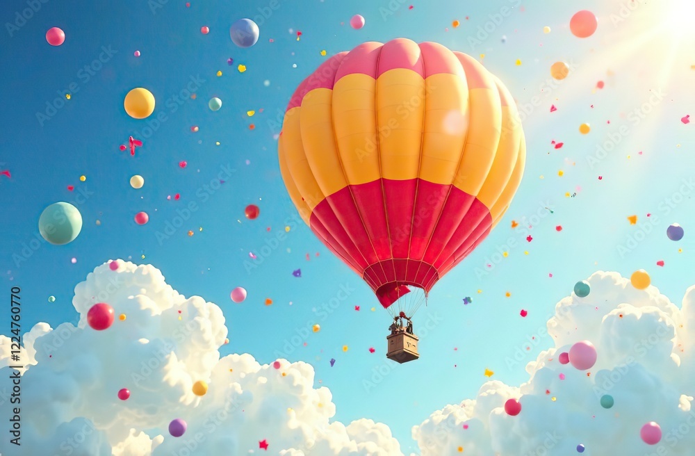 Obraz premium A joyous ascension of colorful balloons against a vibrant sky, celebrating festivity and happiness with confetti 