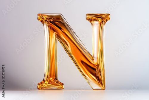 Abstract Glass Letter N Sculpture with Warm Amber Color and Unique Texture
