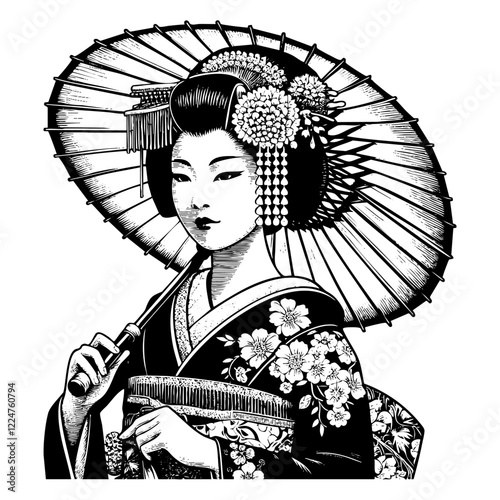 Geisha engraving black and white outline. Scratch board imitation.  illustrated in vintage line art style on a white background.
