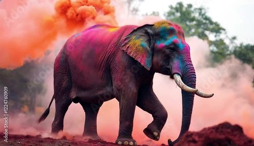 Wallpaper Mural A majestic elephant adorned with vibrant Holi colors amidst a colorful smoke cloud.  A breathtaking scene celebrating Indian culture. Torontodigital.ca