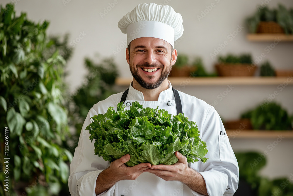 Chef holding a bunch of greens in a bustling kitchen, surrounded by cooking utensils and ingredients, preparing for a vibrant meal service. Chef holding a bunch of greens in a bustling kitchen, surrounded by cooking utensils and ingredients, preparing for a vibrant meal service.