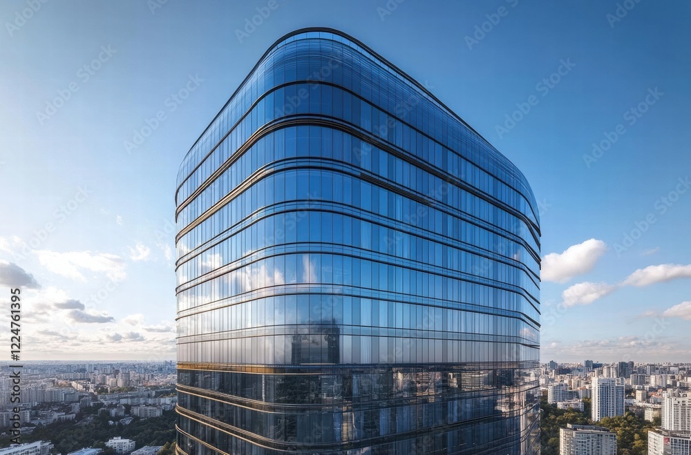 Fototapeta premium A tall building with a lot of windows and a blue sky in the background