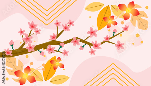 cherry blossom background with lines and leaves