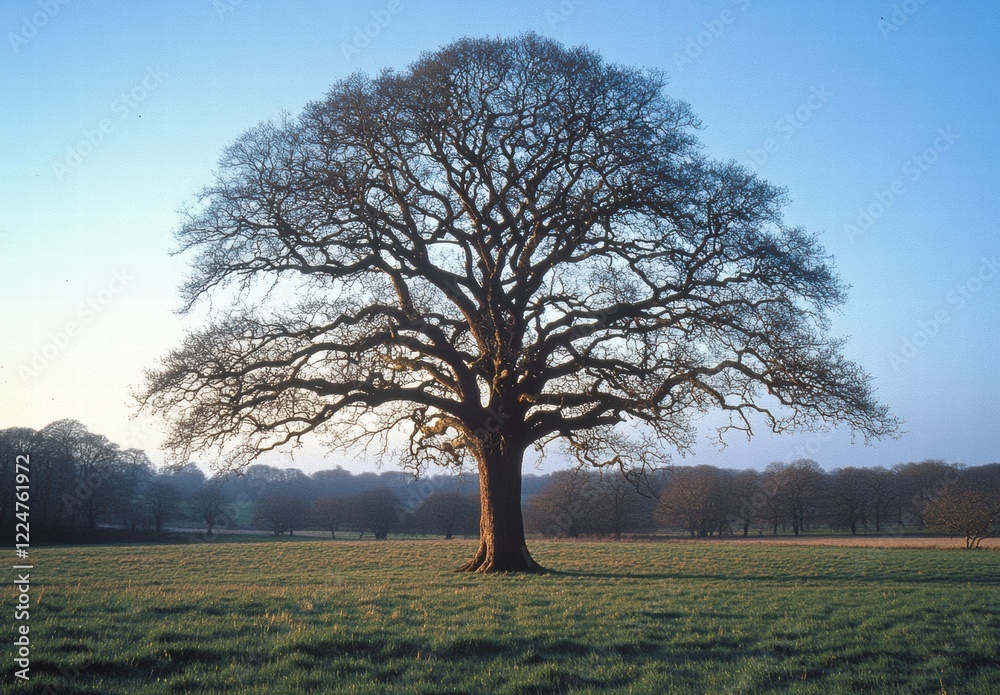 A large tree stands in a field with a clear blue sky above it A large tree stands in a field with a clear blue sky above it