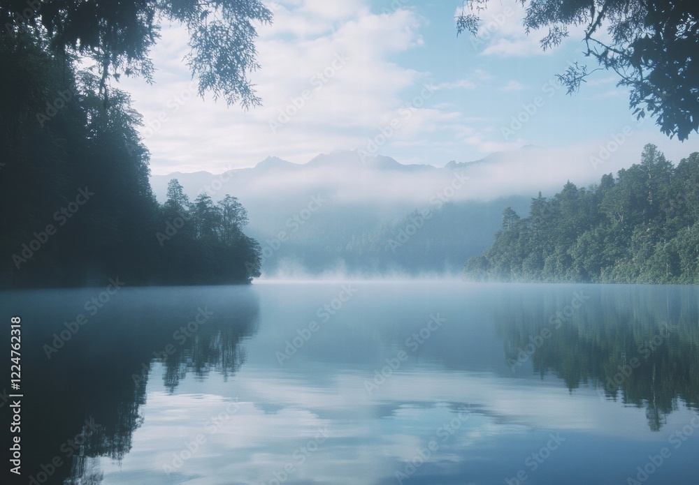 Fototapeta premium A calm lake with a misty mountain in the background