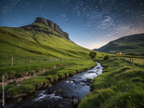 Majestic Benbulbin Mountain at Night, Serene Stream, Emerald Hills - Ireland Landscape Photography photo