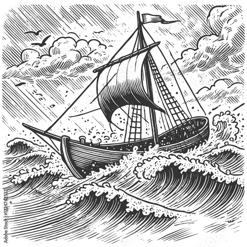sailing ship battling rough waves and wind, capturing the drama and adventure of the sea sketch engraving generative ai vector illustration. Scratch board imitation. Black and white image.