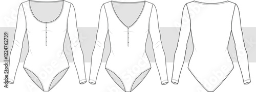 Long sleeve bodysuits set technical fashion illustration. Bodysuits with buttons fashion technical drawing template, v neck, round, front and back view, women, girl, CAD mockup.