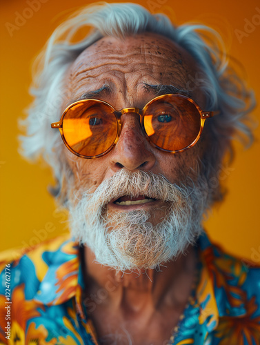60 year old man looking at us surprised, sunglasses on top of his head, weating colorful short-sleeved summer shirt