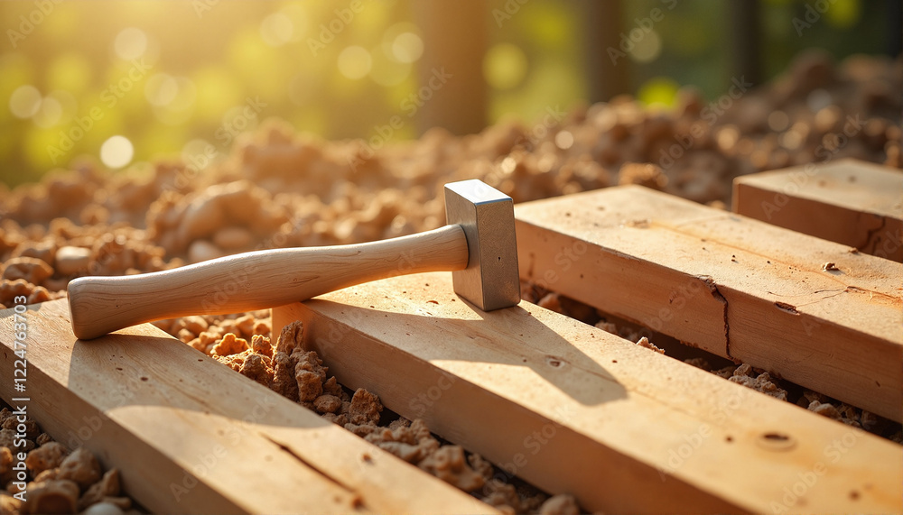 Hammer resting on wooden planks in sunlight, Labor Day Theme Hammer resting on wooden planks in sunlight, Labor Day Theme