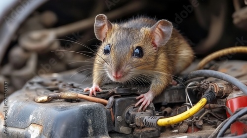 Rodent infestation in vehicle causing electrical damage. Innovative car design, rodent damage, chewed wires, pest extermination, vehicle care