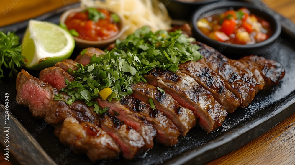An Exciting Flavor Explosion with Tender Steak Fajitas Garnished with Fresh Ingredients and Zesty Salsas An Exciting Flavor Explosion with Tender Steak Fajitas Garnished with Fresh Ingredients and Zesty Salsas