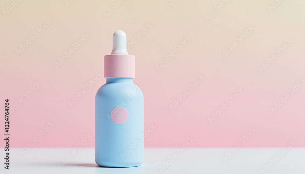 Blue glass dropper bottle on pastel gradient background Blue glass dropper bottle on pastel gradient background