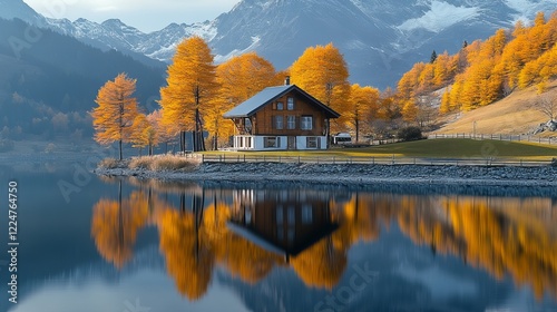 Serene Autumn Lakeside Cabin Amidst Majestic Mountains photo