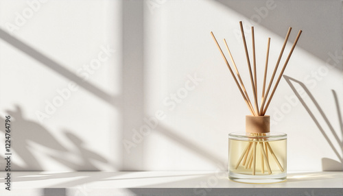 Aromatic diffuser with reeds casting shadows in bright room