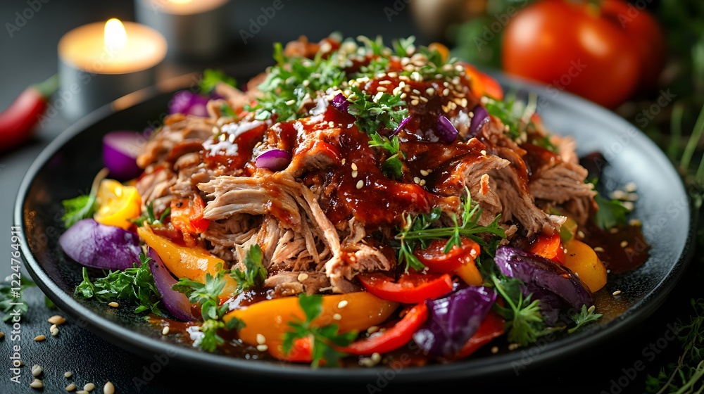 An Artistic and Elegant Pulled Pork Dish with Vibrant Vegetables and Tangy Barbecue Glaze Under Soft Candlelight An Artistic and Elegant Pulled Pork Dish with Vibrant Vegetables and Tangy Barbecue Glaze Under Soft Candlelight