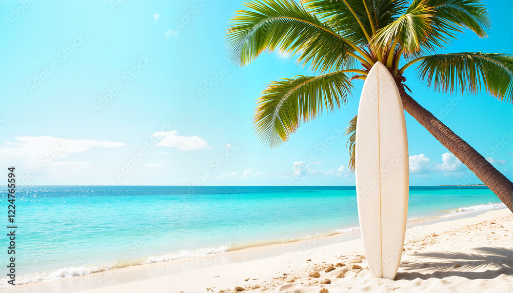 Surfboard leaning against palm tree on tropical beach, Spring break theme Surfboard leaning against palm tree on tropical beach, Spring break theme