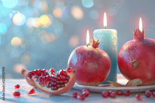 Jewish New Year, rosh hashanah, design concept on paper,Pomegranate and apple-shaped candles design, extreme right third of an image, placeholder 