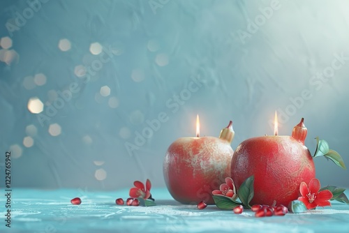 Jewish New Year, rosh hashanah, design concept on paper,Pomegranate and apple-shaped candles design, extreme right third of an image, placeholder 