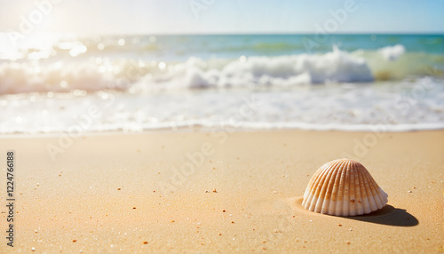 Seashell resting on sandy beach near ocean waves, Spring break theme 