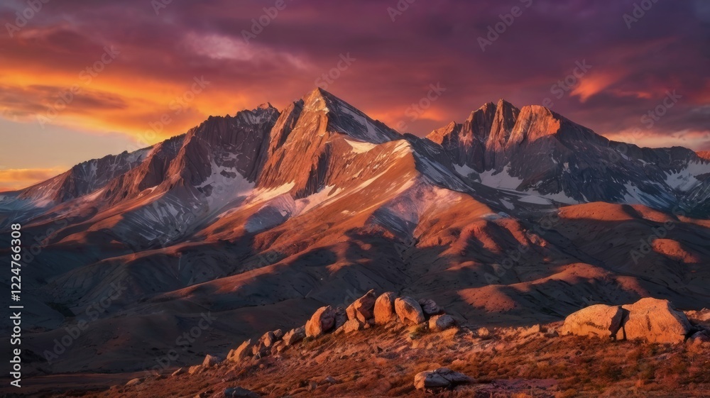 Obraz premium Majestic Mountains at Sunset with Warm Golden Light and Dramatic Cloudscape