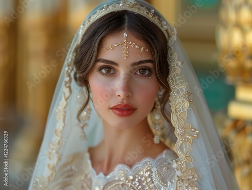 A bride in an ornate dress with a detailed veil and a jeweled headpiece.
